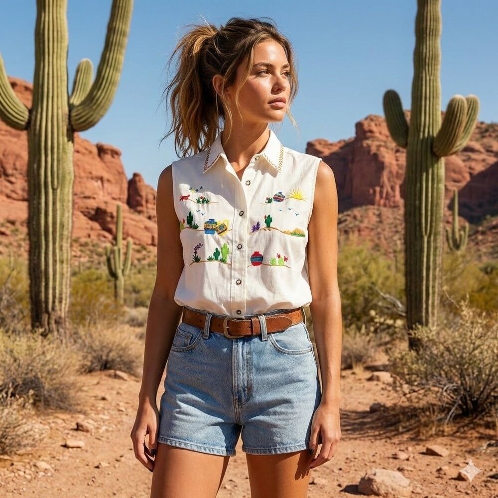 Vintage 90s Southwestern Embroidered Sleeveless Blouse Desert Cactus Shirt Small